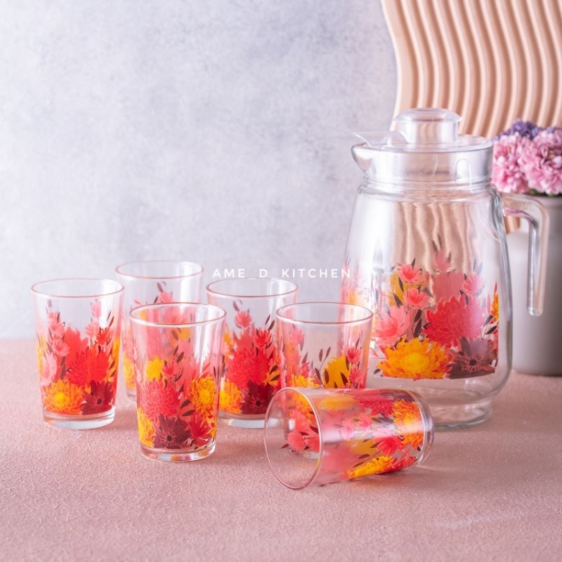 Drink set kaca 7 pcs motif bunga merah lazetta