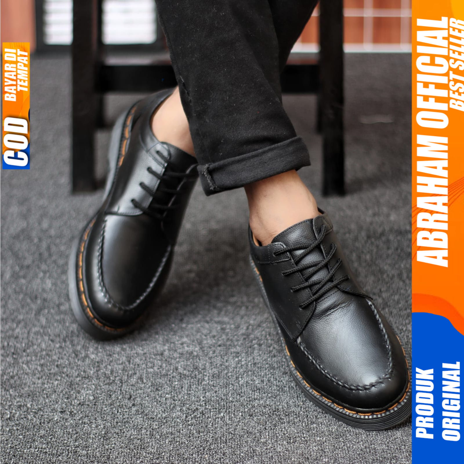 Sepatu Formal Pantofel Pria Casual Kulit Asli Tali Hitam Docmart Kerja Pria Abraham