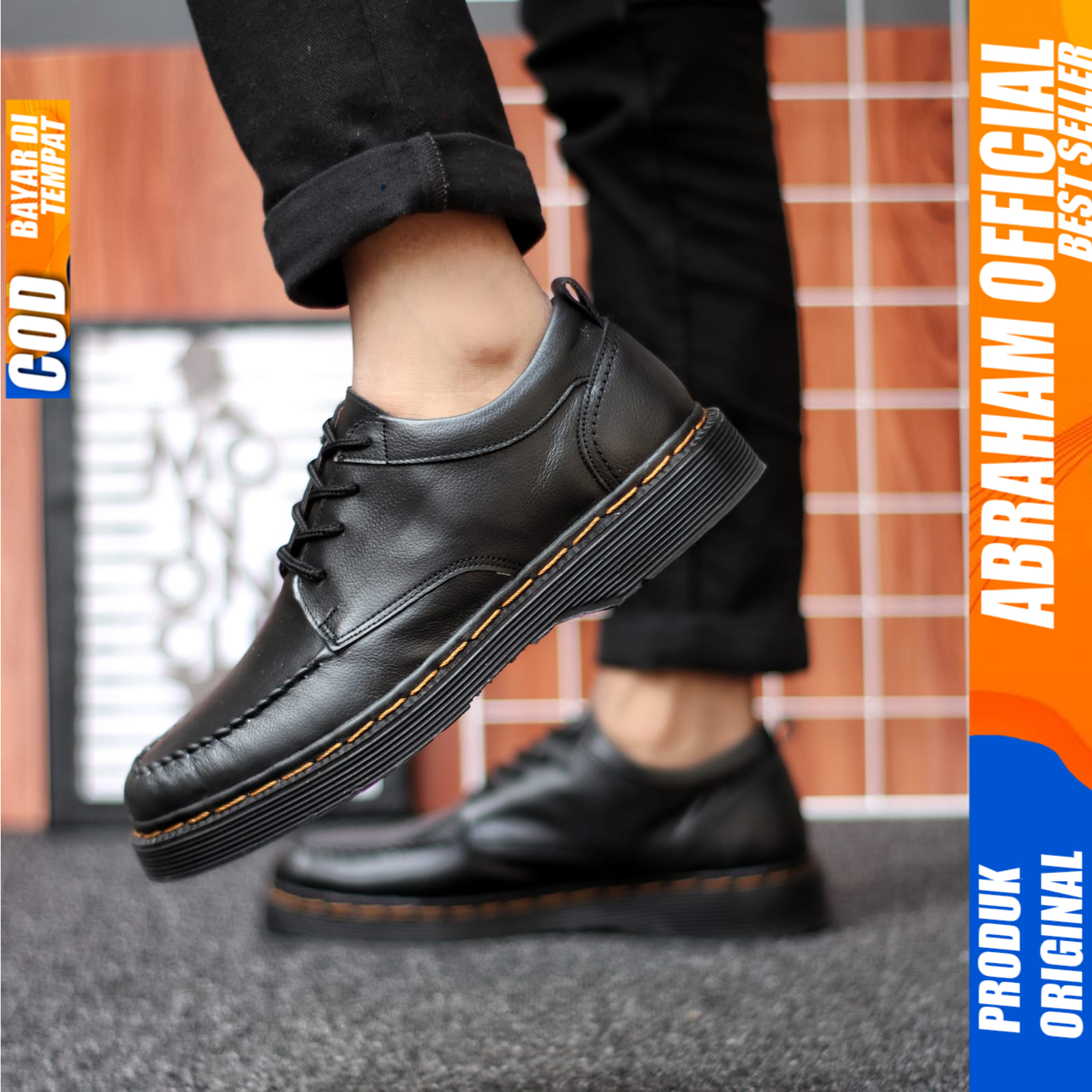 Sepatu Formal Kulit Docmart Pria Casual Pantofel Kerja Pria Hitam Abraham