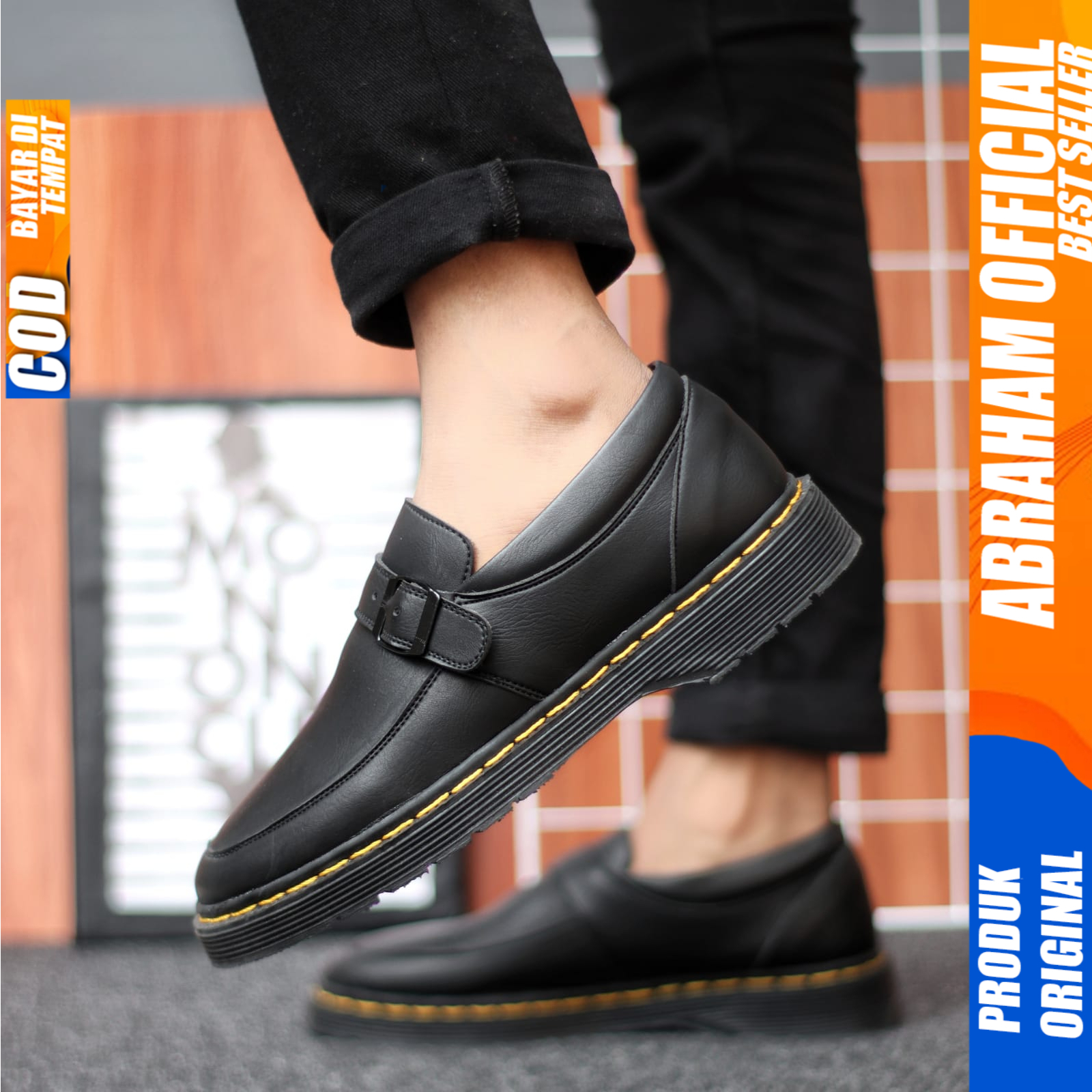 Sepatu Loafers Pria Docmart Casual Pantofel Formal Kulit Pu Kerja Hitam Abraham