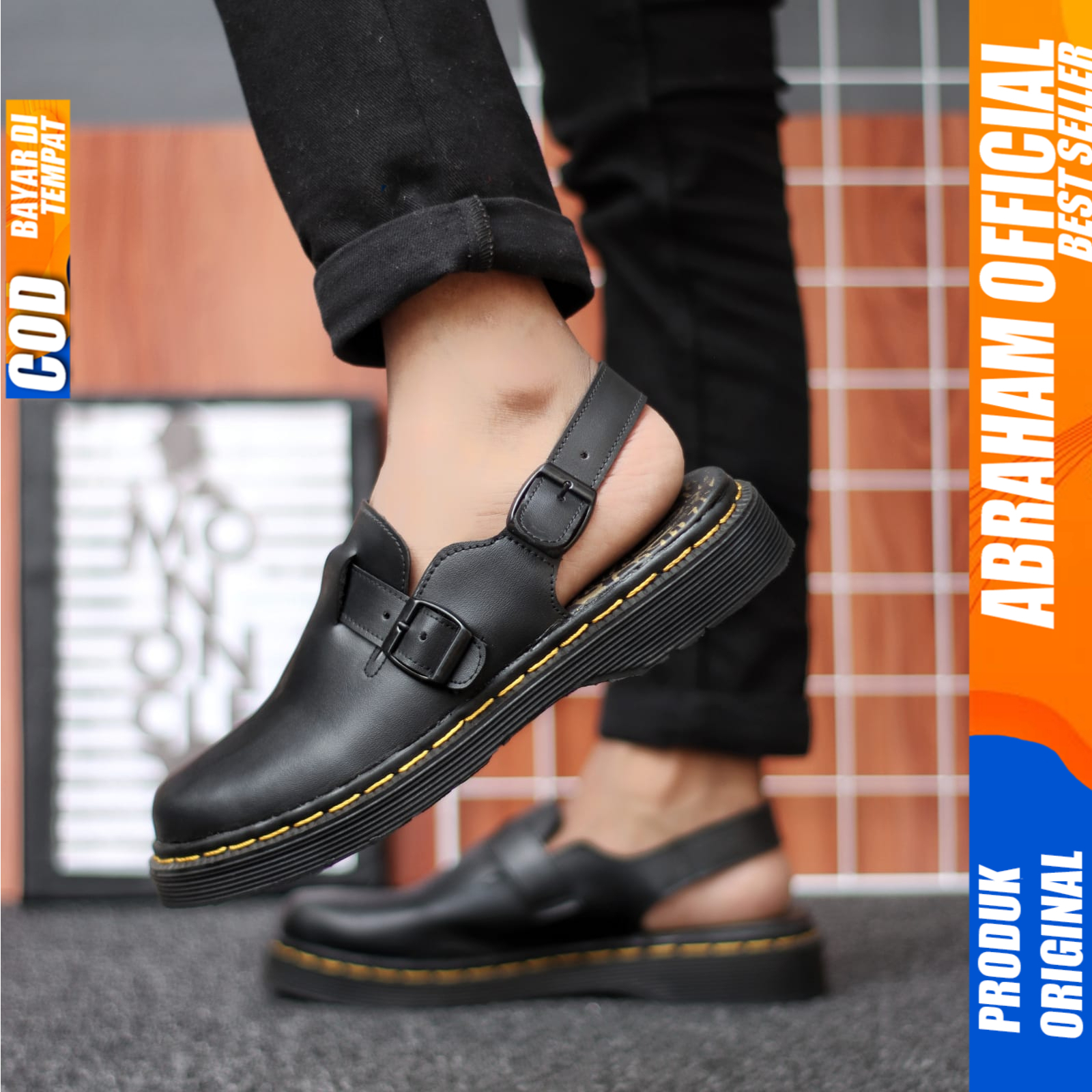 Sepatu Sandal Bustong Selop Pria Casual Kulit Slop Hitam Abraham