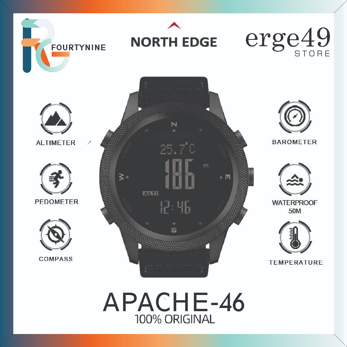 NORTH EDGE APACHE-46 JAM TANGAN OUTDOOR PEDOMETER BAROMETER ALTIMETER TEMPERATURE