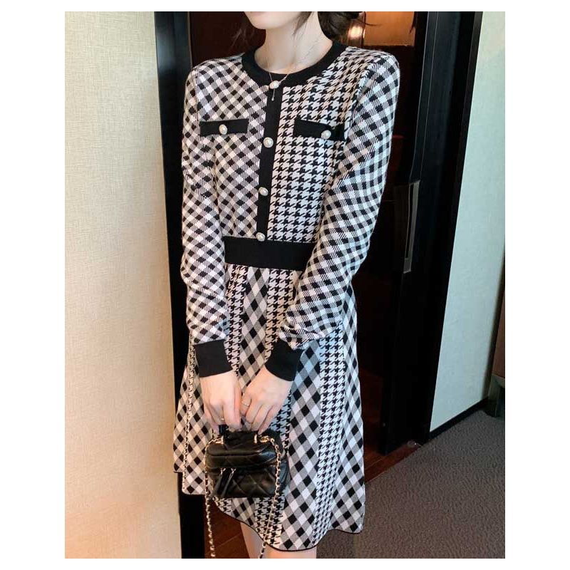 Dress wanita bahan rajut motif ada hitam Korea lengan panjang elegant