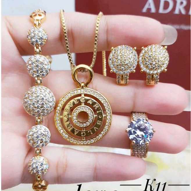 Xuping set perhiasan gelang anting cincin anting lapis emas 24k (anti iritasi dan tidak pudar) 2083