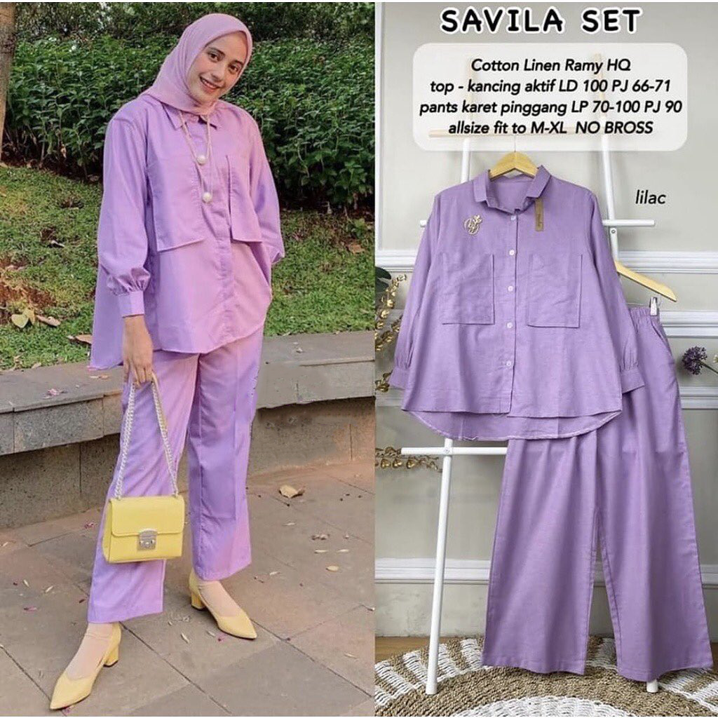 Savila Oneset Kemeja Kancing Depan Aktif Busui + Celana Panjang Pinggang Karet Keliling Bahan Katun Linen Rami Setelan Wanita Kekinian Terbaru 2023 Fit to XL