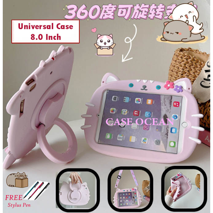 Olike Edu Tab EduTab E1 8 Softcase Soft Case Anak Kids Cover Casing Rotating Rotate Flower Cat Kucin
