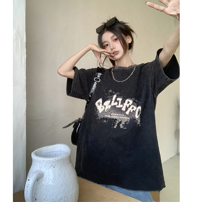 kaos hitam oversize wanita/import lengan pendek american retro letter graffiti printed kekinian baju kaos wanita