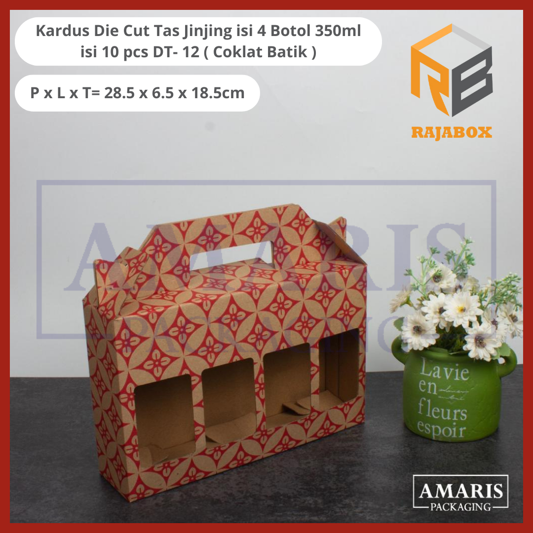 

DT-12 Kardus Die Cut Tas Jinjing Botol 350ml x 4 Isi 10 Pcs Amaris Packaging