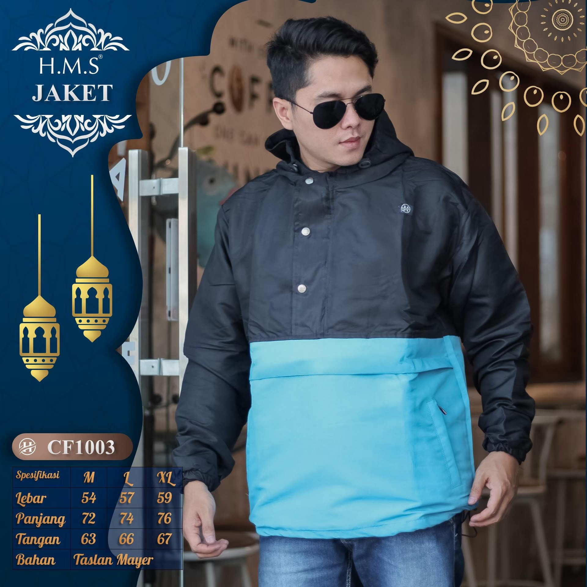 HMS jaket pria distro jaket cougle jaket water proof warna black and soft blue kode art CF327