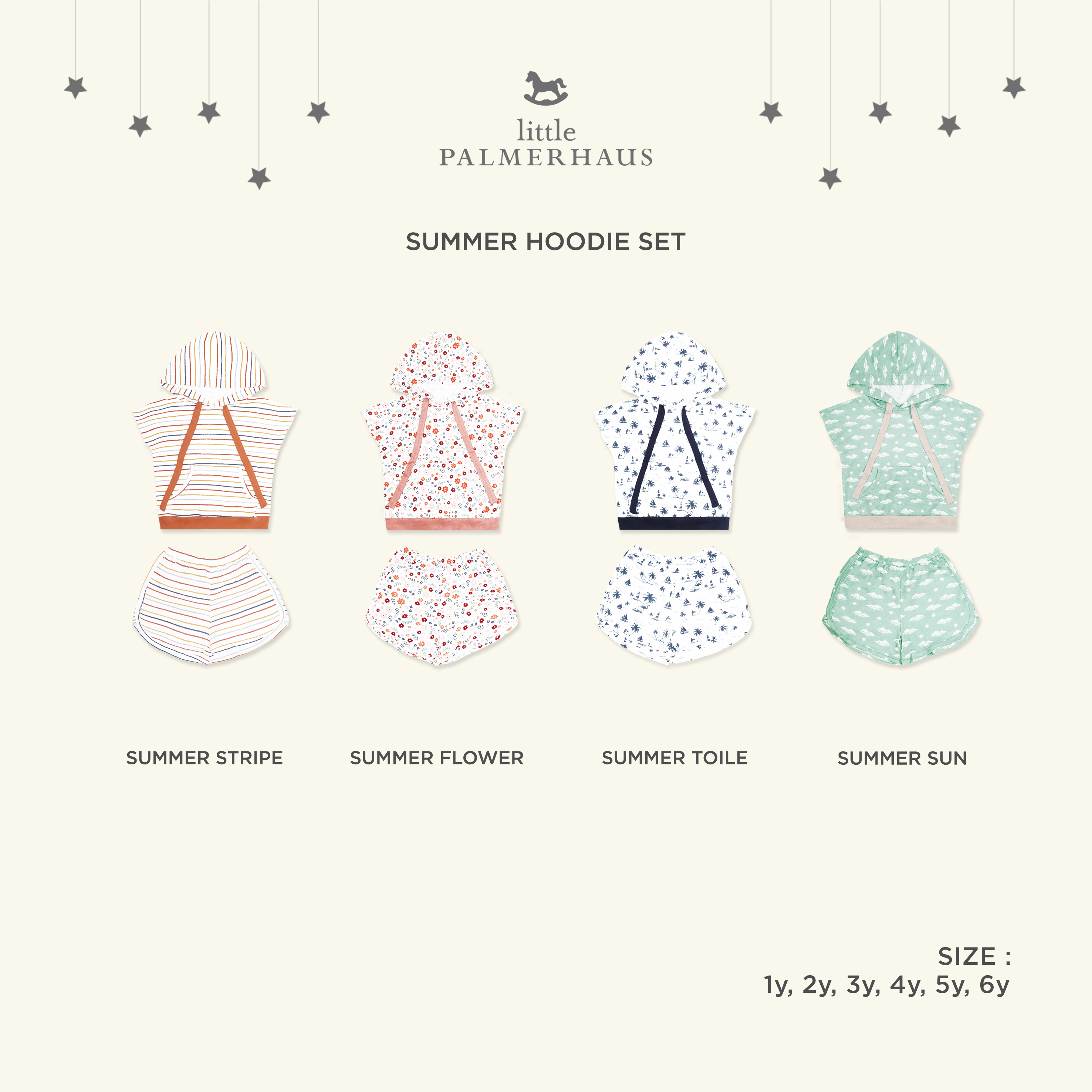 Little Palmerhaus Summer Hoodie Set 1-6 Tahun Setelan Hoodie Pendek Musim Panas Anak Unisex CBKS