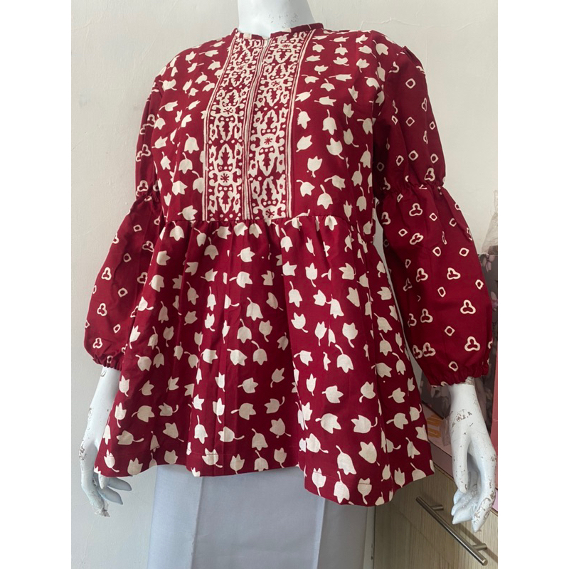 BLOUSE BATIK LENGAN BALON KOMBINASI MOTIF DAUN KECIL & JUMPUTAN
