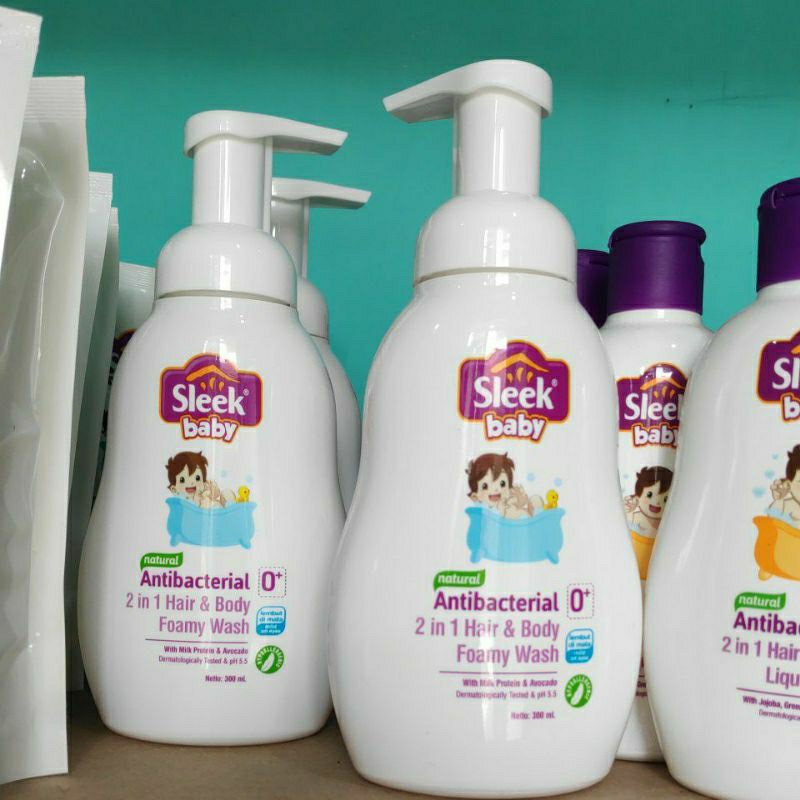 Sleek Baby 2in1 Hair &amp; Body Foamy Wash 300ml Pump Antibacterial 0+ bulan Sabun dan shampo sampo Mandi Bayi Baru lahir Newborn Pumping