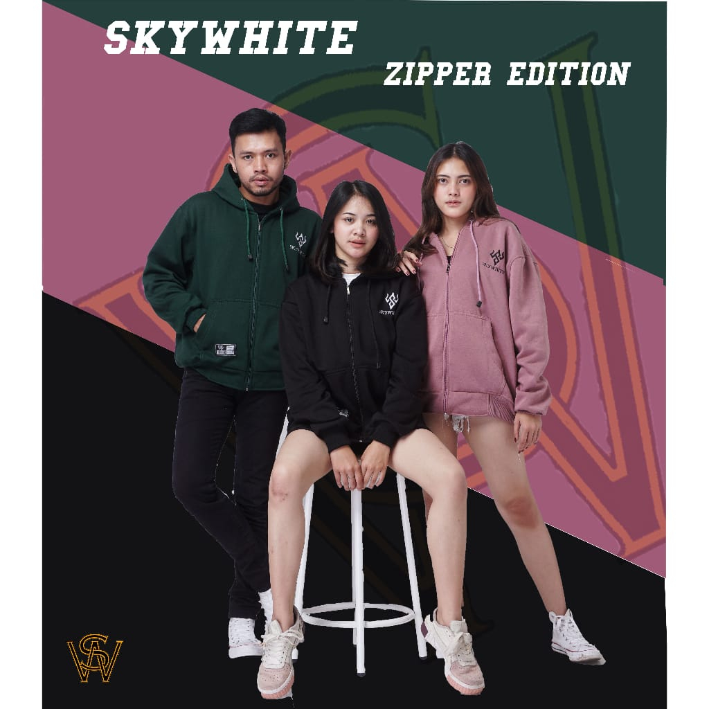 SWITER PRIA WANITA -SWEATER ZIPPER SKYWHITE FULL BORDIR BAHAN TEBAL SIZE M,L,XL,XXL