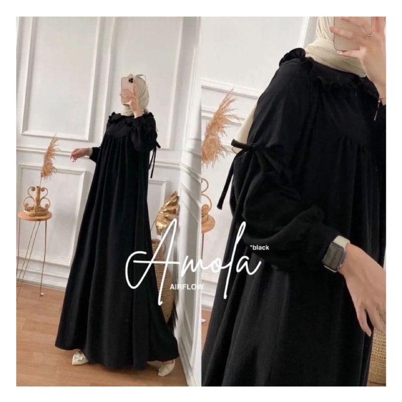 Gamis Wanita Amofa Maxi Dress Kain Crinkle Airflow Busui