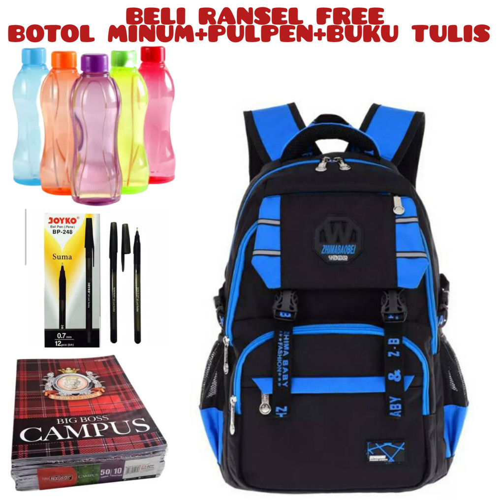 JS_ Beli 1 Dapat 4-Tas Ransel Sekolah Anak Laki-laki/Perempuan Backpack Tas Laptop Acer Unisex Tas Sekolah SD/SMP/KULIAH Beli Ransel Free Botol Minum+Pulpen+Buku Tulis