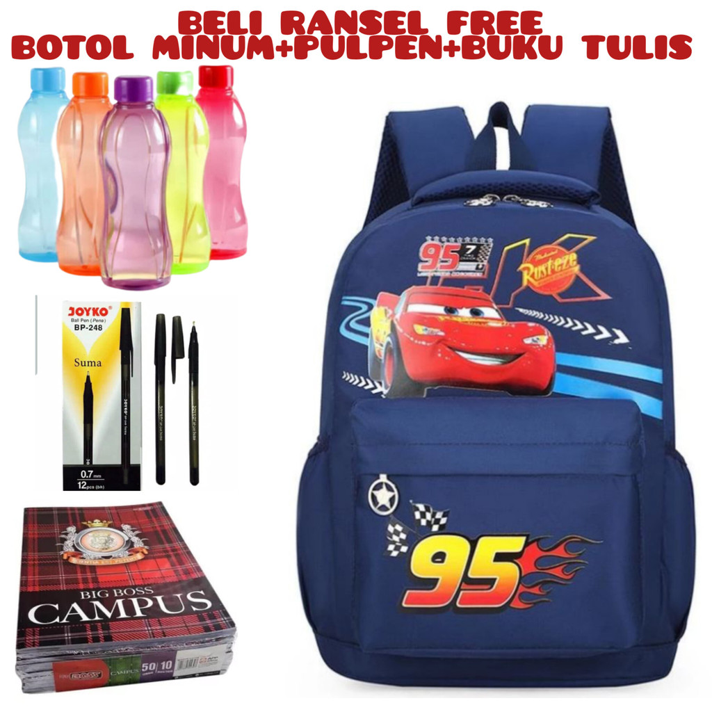 JS_Beli 1 Dapat 4-Tas Anak Sekolah CARTOON CAR 95 Anak Laki-Laki/Perempuan Tas Sekolah Anak TK/SD Laki-Laki Murah Beli Ransel Free Botol Minum+Pulpen+Buku Tulis