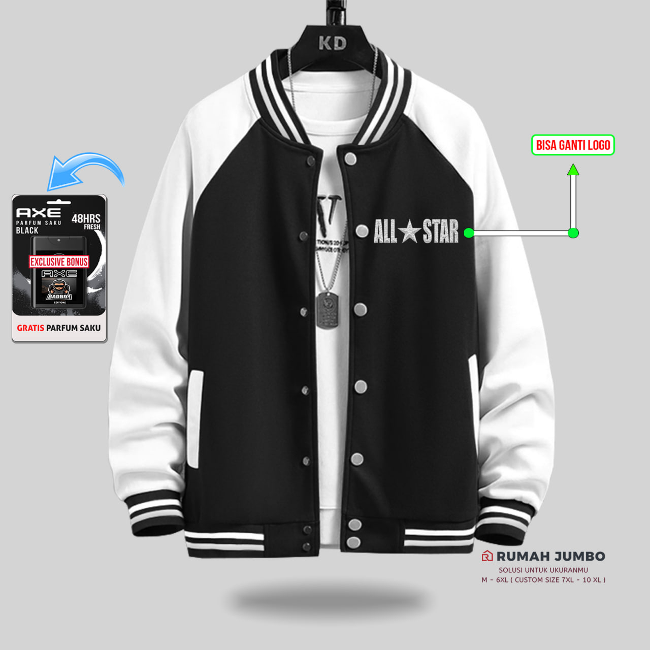 Jaket Bomber Varsity Baseball Alstar Oversize BLACK WHITE (M - 6XL) Jaket Custom