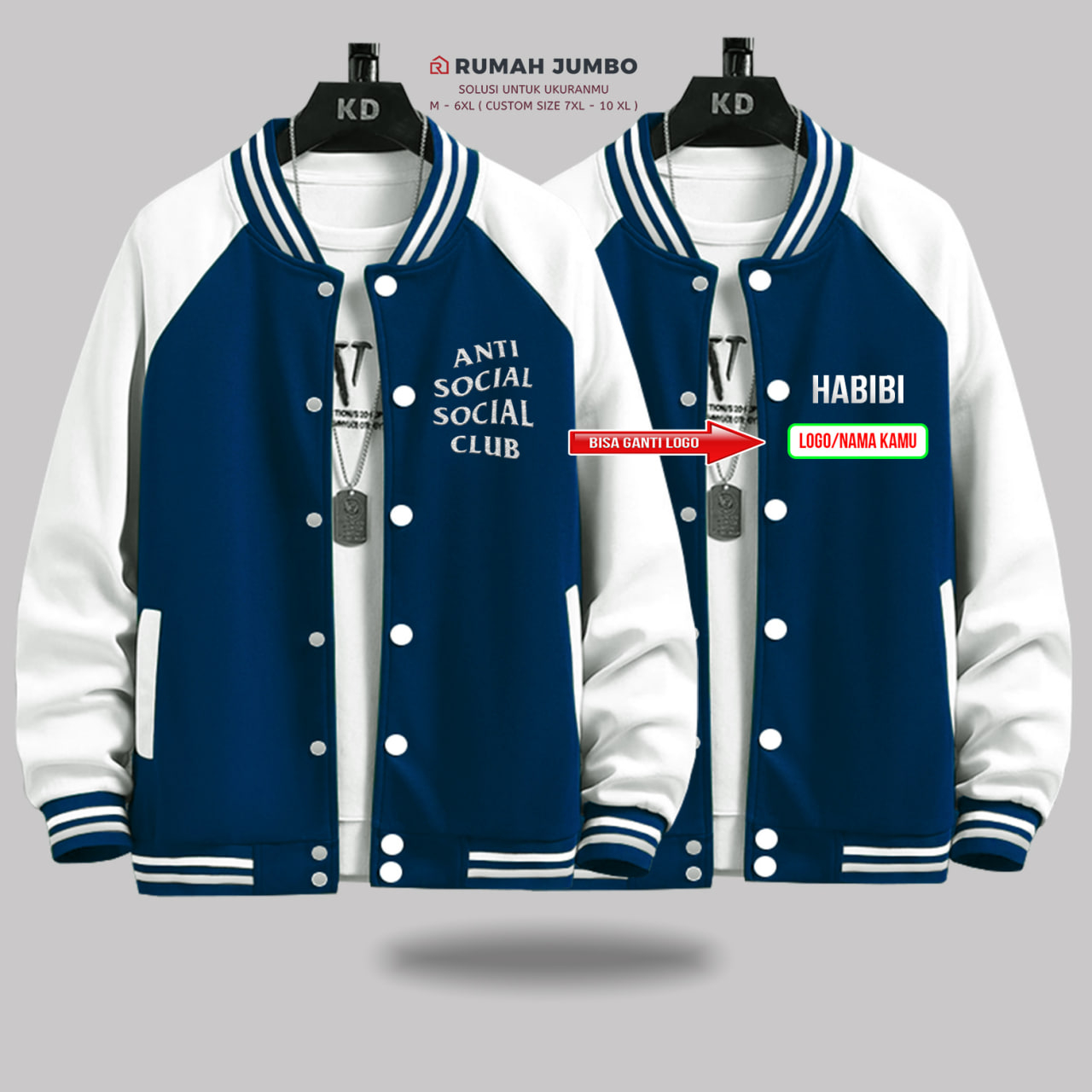 Jaket Bomber Varsity Baseball Oversize (M - 6XL) Jaket Custom Ansos Club Navi White