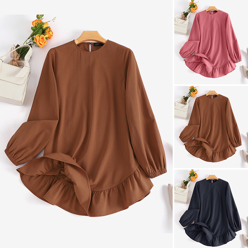 ZANZEA Women Long Sleeve Solid Ruffles Ruffles Hem Elastic Cuff Muslim Blouse