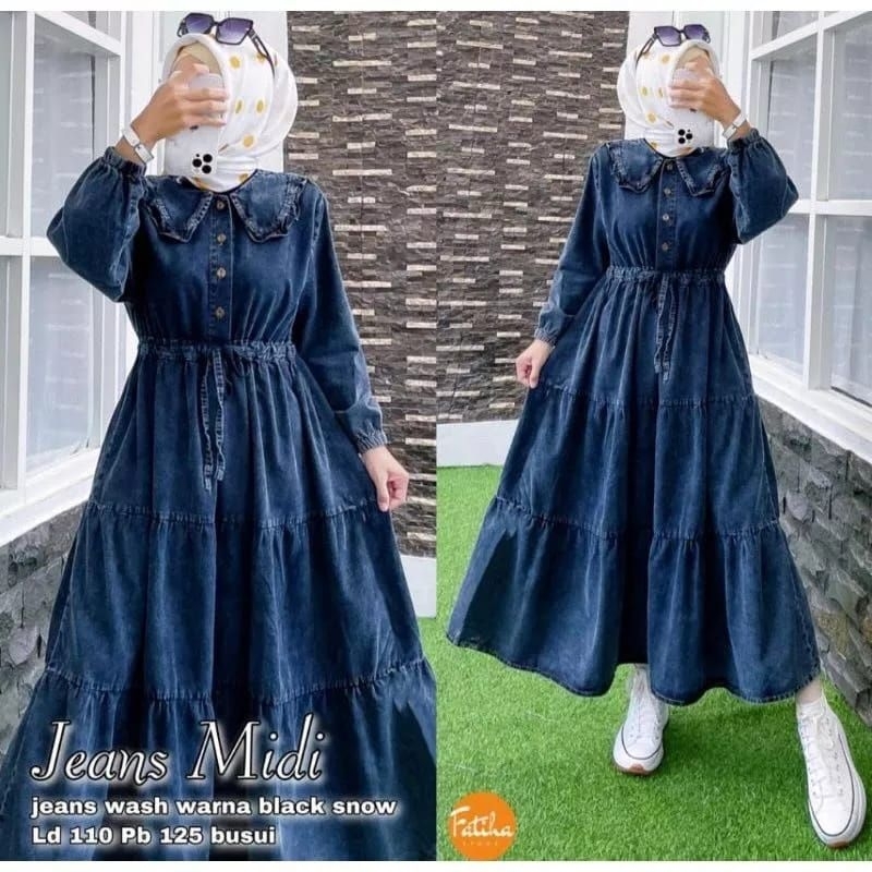 Midi dress(Jeans midi tunik wanita muslim syakila katun rayon busui