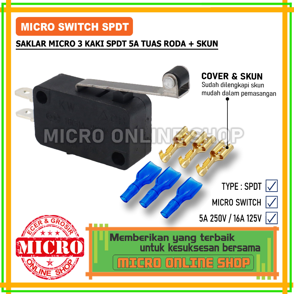 Micro Switch SPDT 3 Kaki + Skun / Saklar Mikro / 3 Pin Gagang Roda