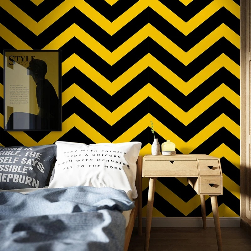 WALLPAPER GELOMBANG STRIP 3D KUNING HITAM NEW TOKO21
