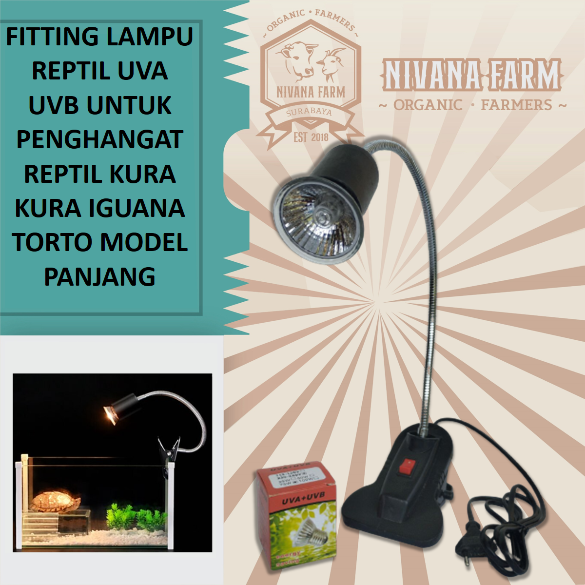Fitting Lampu Reptil UVA UVB Untuk Penghangat Reptil Kura Kura Iguana Torto Model Panjang