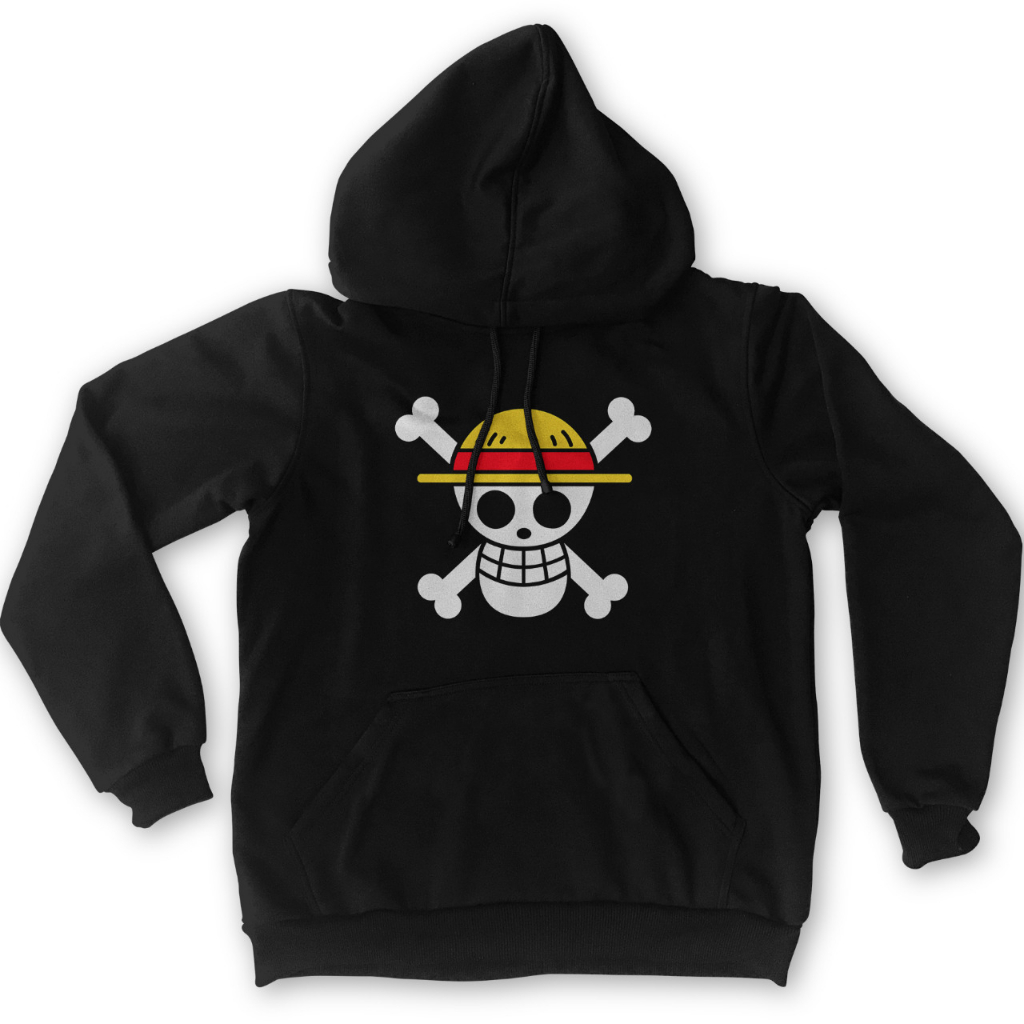 Hoodie Logo Strawhat Embroidery Black Anime Manga One Piece Premium Unisex