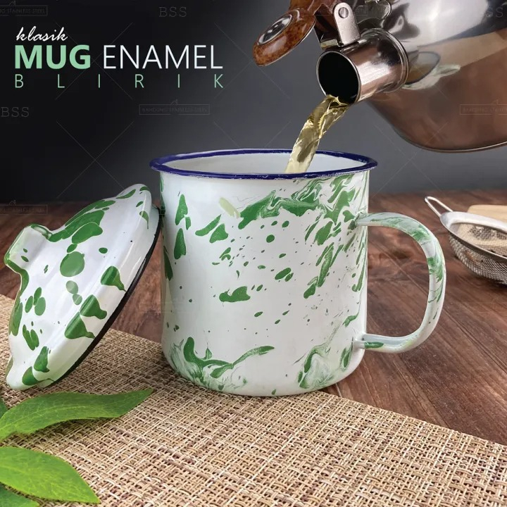 Cangkir Besi Mug Enamel Blirik 10cm + Tutup Jadul Klasik Gelas Blurik | Gelas Antik Blurik Hijau