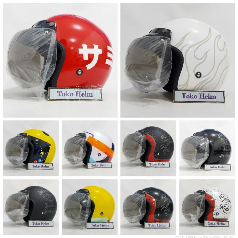helm retro JP retro NEW BIGIE motif by JPX HELMET NEW LIST black dan kaca retro cembung IWA