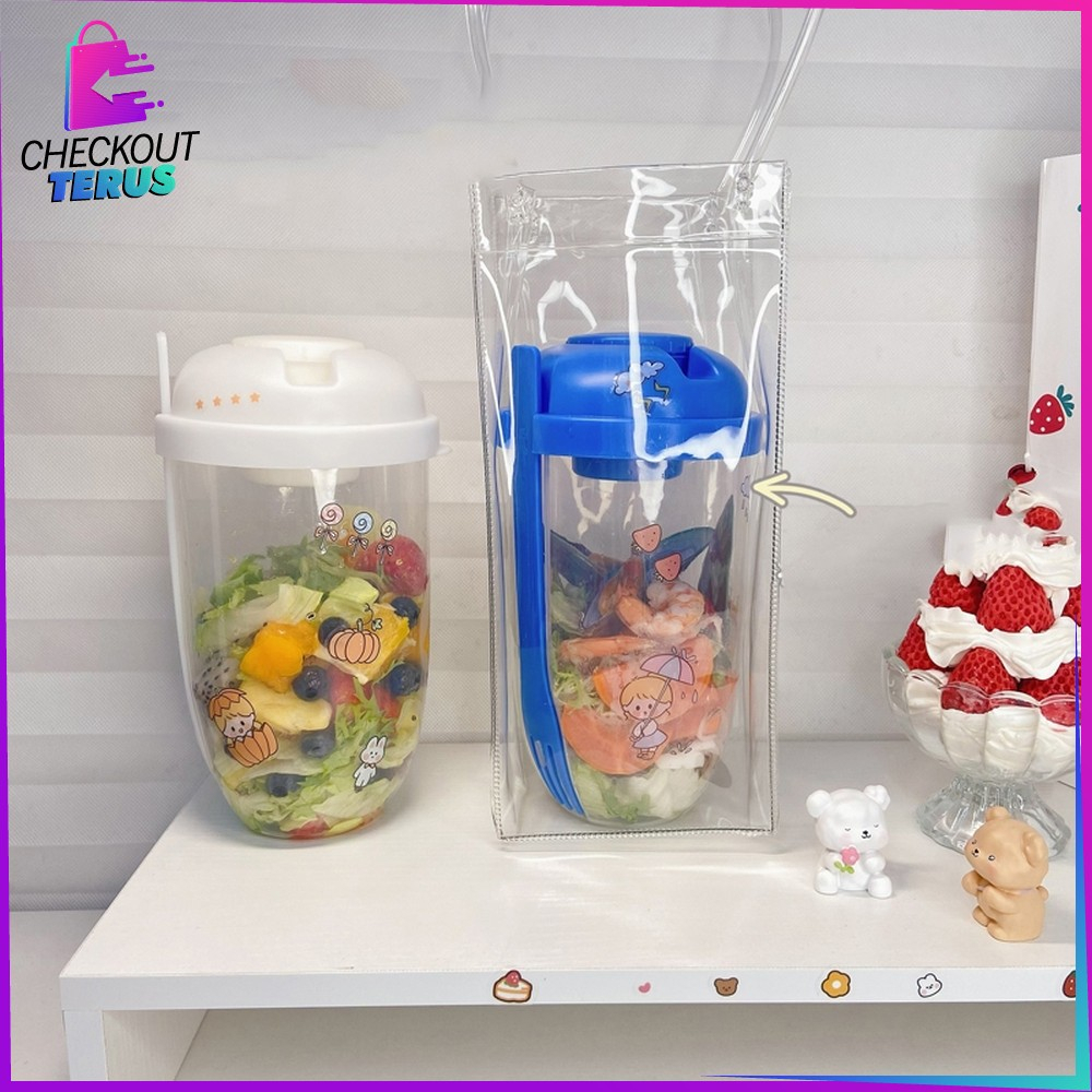 CT C863 Botol Salad 1000ML Transparan BPA FREE dengan Sendok Garpu + Botol Saus Kecil Portable Gelas Salad Plastik Tempat Makan Buah Sayur Salad