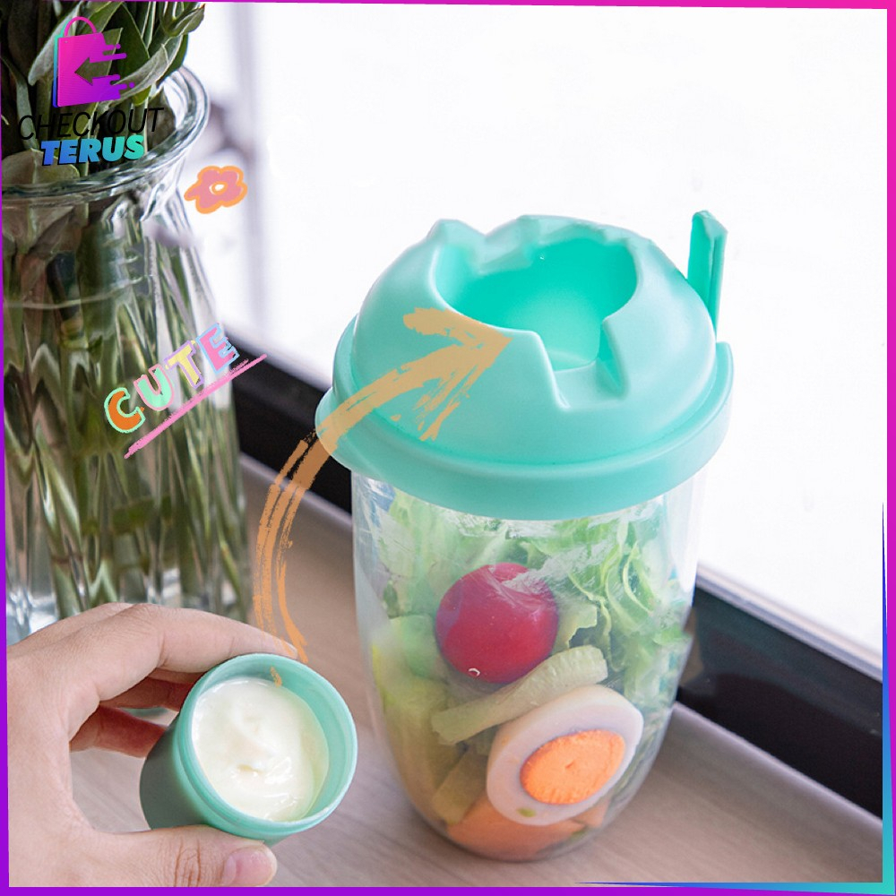 CT C863 Botol Salad 1000ML Transparan BPA FREE dengan Sendok Garpu + Botol Saus Kecil Portable Gelas Salad Plastik Tempat Makan Buah Sayur Salad