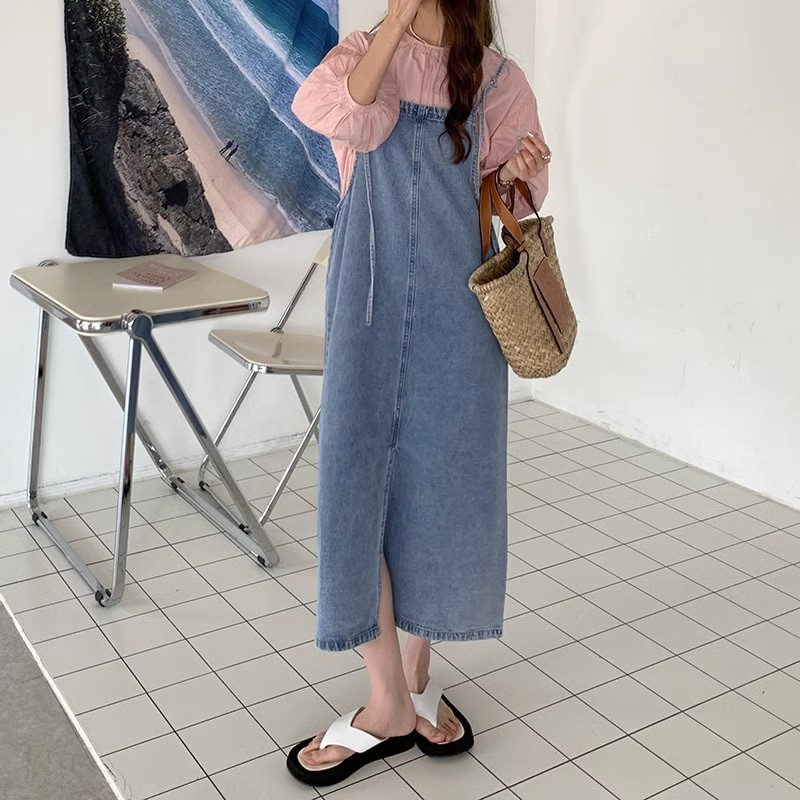 Overall dress jeans wanita overall rok jeans panjang wanita rok korean style jumpsuit rok suspender fashion jumbo kekinian 2023