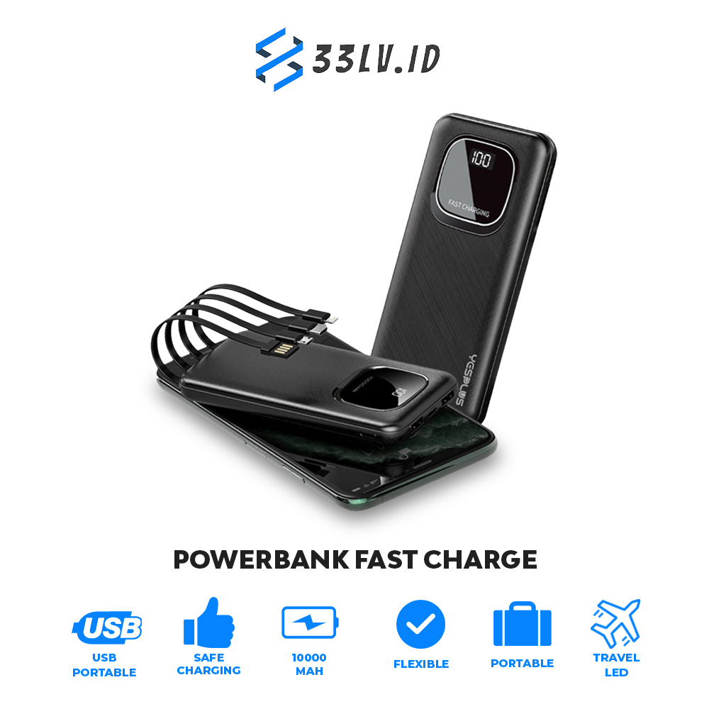 【33LV.ID】POWERBANK 10000MAH YS-910 Fast Charging Murah Mini LCD with Kabel Data lightning Type C Micro USB