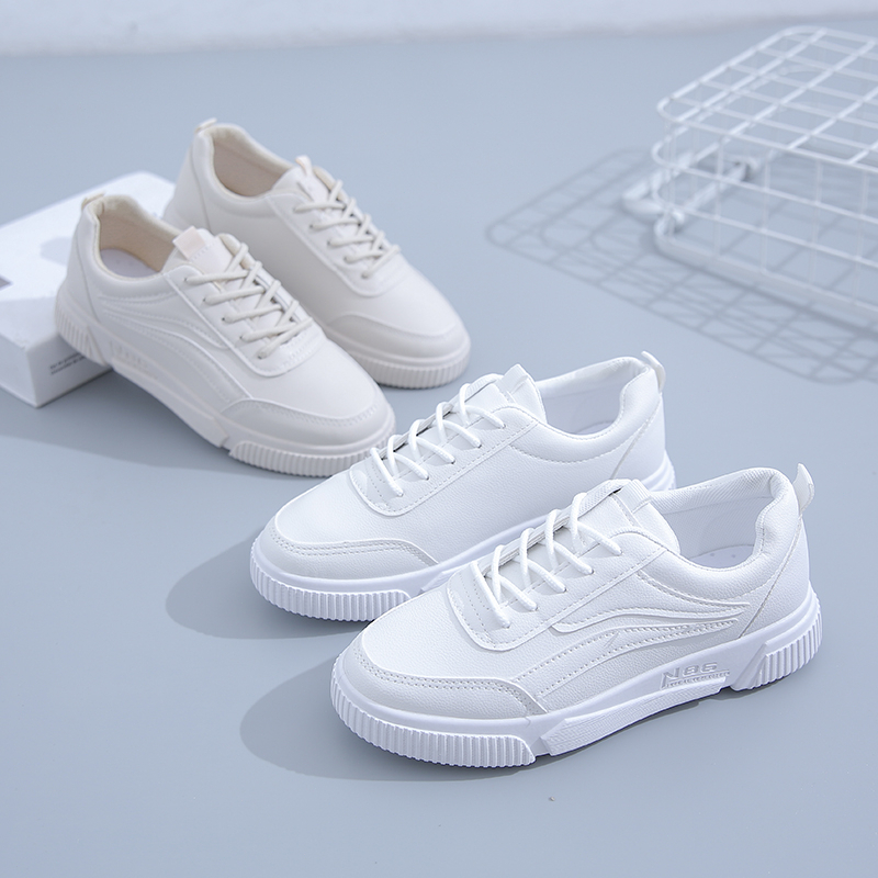 [Restock 7 Nov.] Sepatu Kets Sneakers Putih Wanita Perempuan Sekolah Korea Casual Sepatu Olahraga Kulit Sol Karet Tali Import Murah Casual Fashion White Beige Sport Skate Shoes - Ukuran 35 36 37 38 39 40