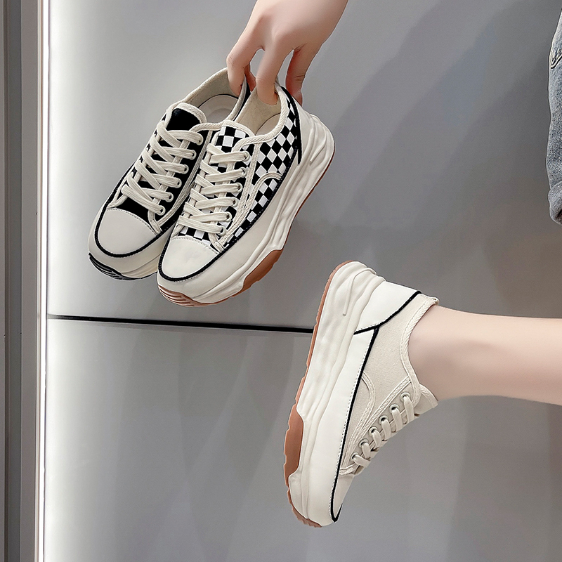 Sepatu Kets Sneakers Putih Wanita Perempuan Cewek Sekolah Korea Kasual Sepatu Olahraga Kanvas Checkerboard Sol Karet Tali Import Murah Casual Fashion White Beige Sport Shoes - Ukuran 35 36 37 38 39 40