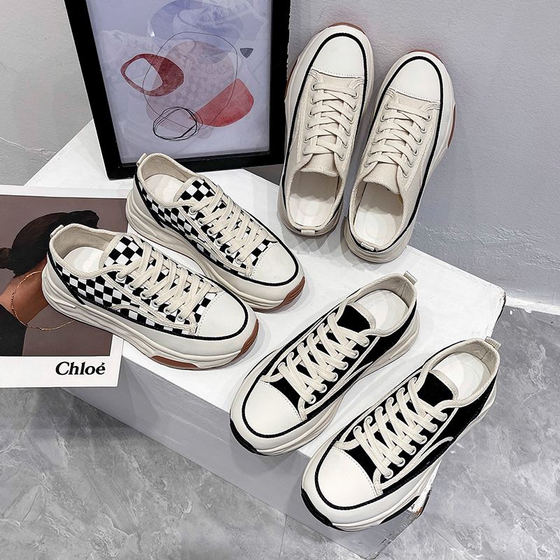 Sepatu Kets Sneakers Putih Wanita Perempuan Cewek Sekolah Korea Kasual Sepatu Olahraga Kanvas Checkerboard Sol Karet Tali Import Murah Casual Fashion White Beige Sport Shoes - Ukuran 35 36 37 38 39 40