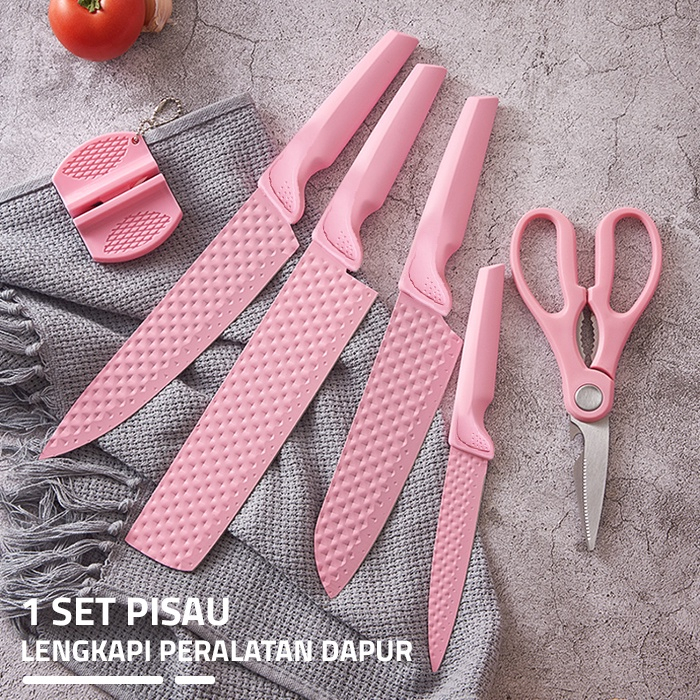 Pisau Dapur Diamond Set (6 in 1) 1526 - Pink Diamond Knife Set