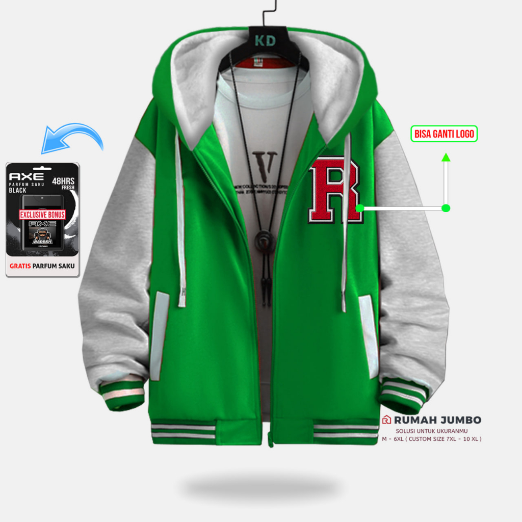 Jaket Bomber Varsity Oversize (M - 6XL) Baseball Custom R GREN GREY