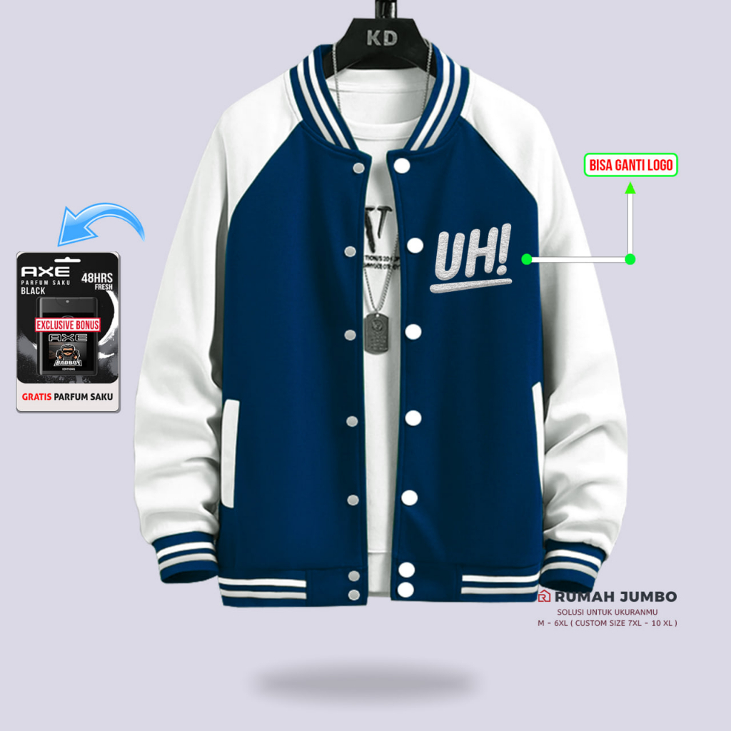 Jaket Bomber Varsity Oversize (M - 6XL) Baseball Custom UH NAVI WHITE