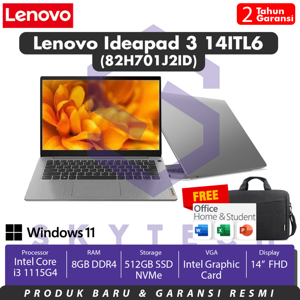 LAPTOP LENOVO IDEAPAD 3 14ITL6 J2ID INTEL CORE I3 1115G4 RAM 8GB SSD 512GB WINDOWS11+OHS 82H701J2ID