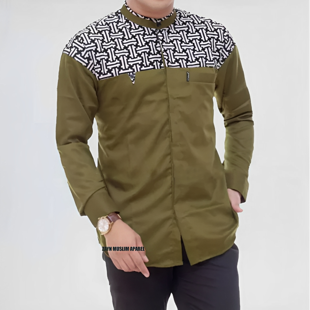 Baju Koko Pria Lengan Panjang Motif Falcon Warna Hijau Army Kombinasi Batik