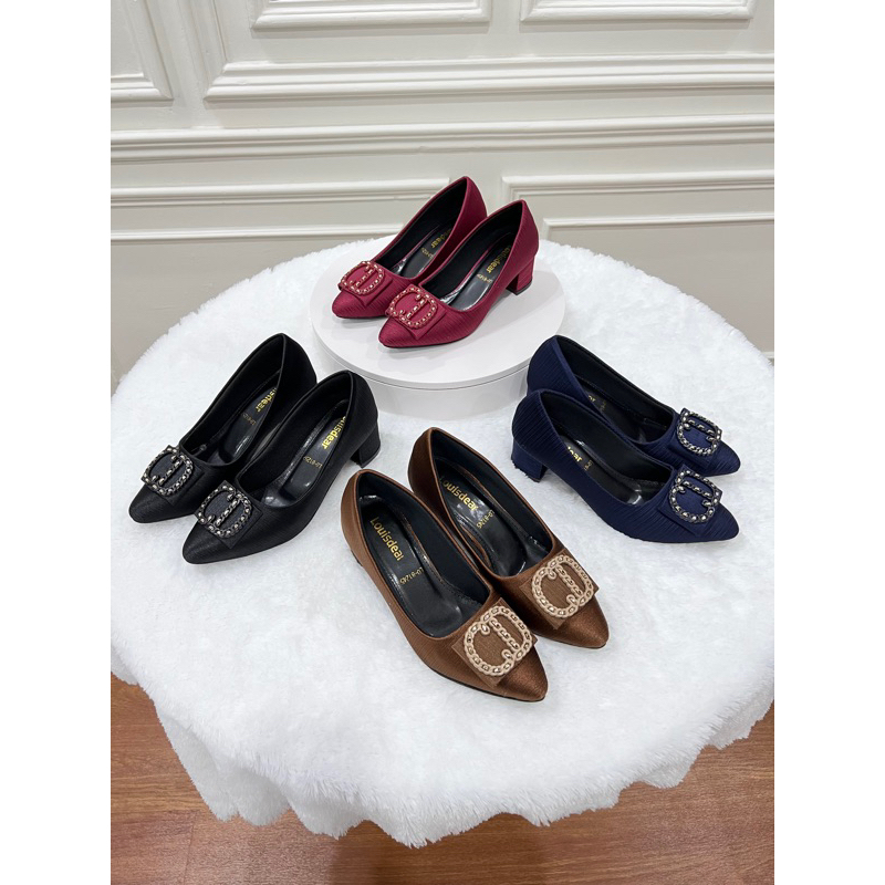 sepatu Heel wanita Louisdear P113 bahan satin Heel 5 cm kualitas bagus dan empuk dipakai nyaman sekali