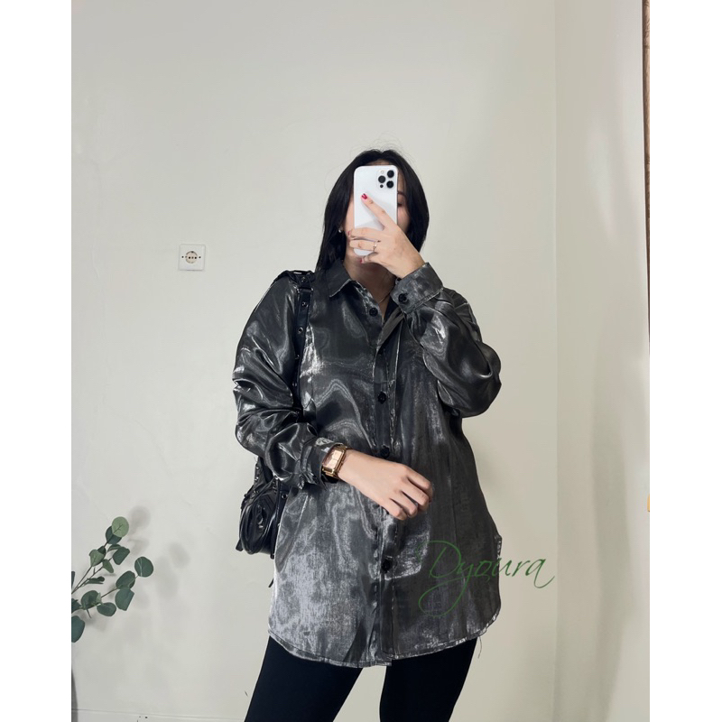 Shimmer shirt/ kemeja wanita/ kemeja satin lengan panjang