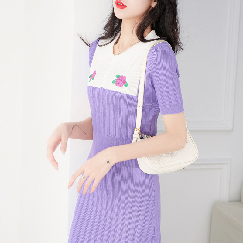 【Elegant】A-Line Elegant Knitted Short O Neck Mid Calf Dress 2098