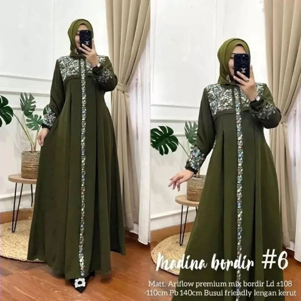 NEW Madina Dress Bahan Crinkle Bordir - Gamis Bordir Terlaris - Pakaian Muslim Wanita