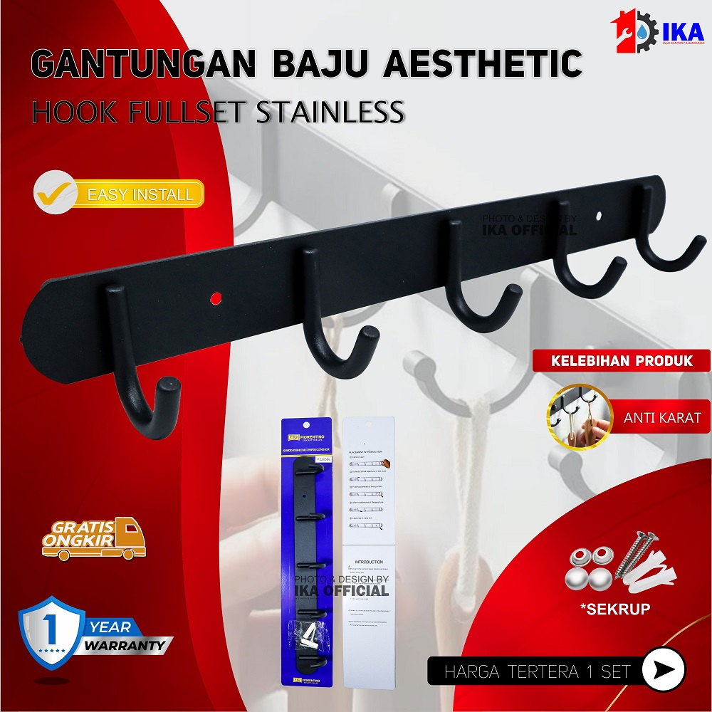 Gantungan Baju Kapstok Capstock 5 Kait Stainless Steel Hitam Hanger Baju Hitam - Gantungan Hook Baju