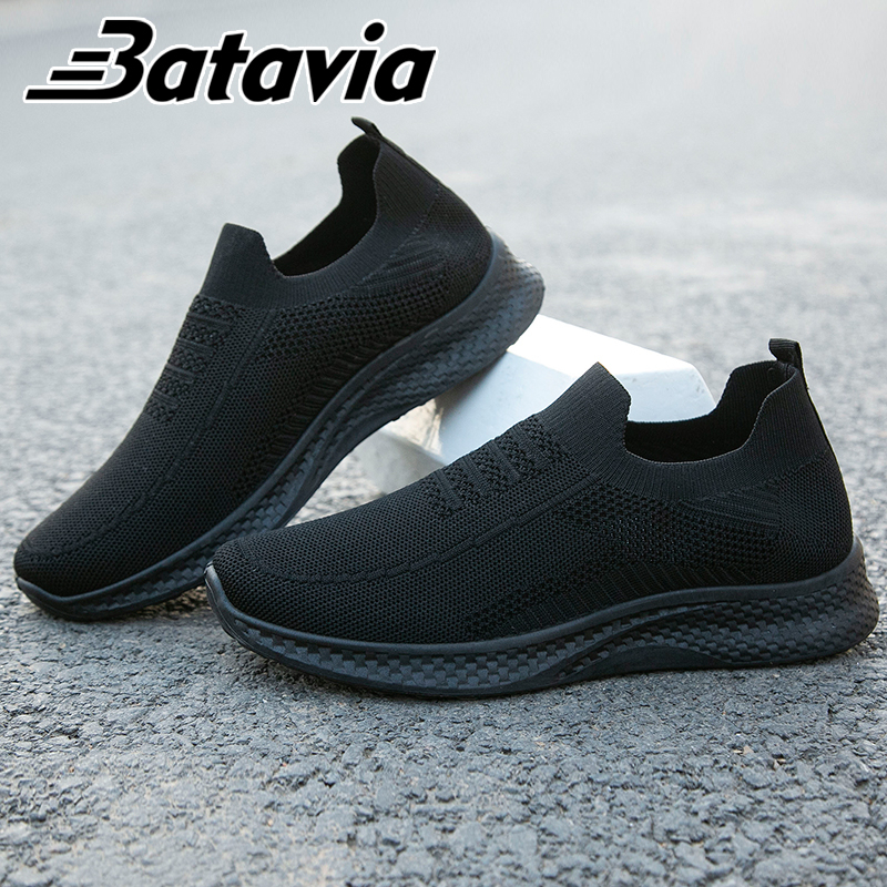 Batavia Sepatu Olahraga Pria Slip-On Tenun Terbang Mempesona Asli Sepatu Warna Solid Sepatu Keren Sepatu Ringan Sol Lembut Sepatu Pria B36