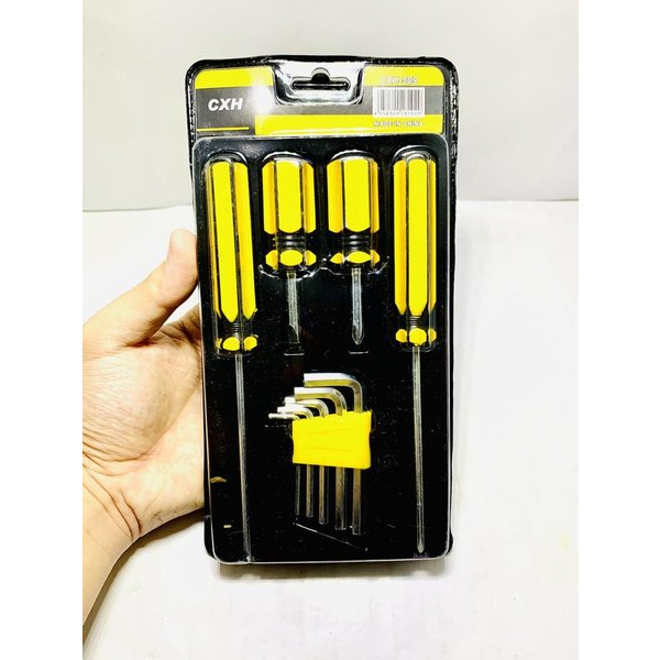Perlengkapan Obeng set Plus Min Panjang Pendek Cebol dan Kunci L Set Mini Murah Isi 9 pcs