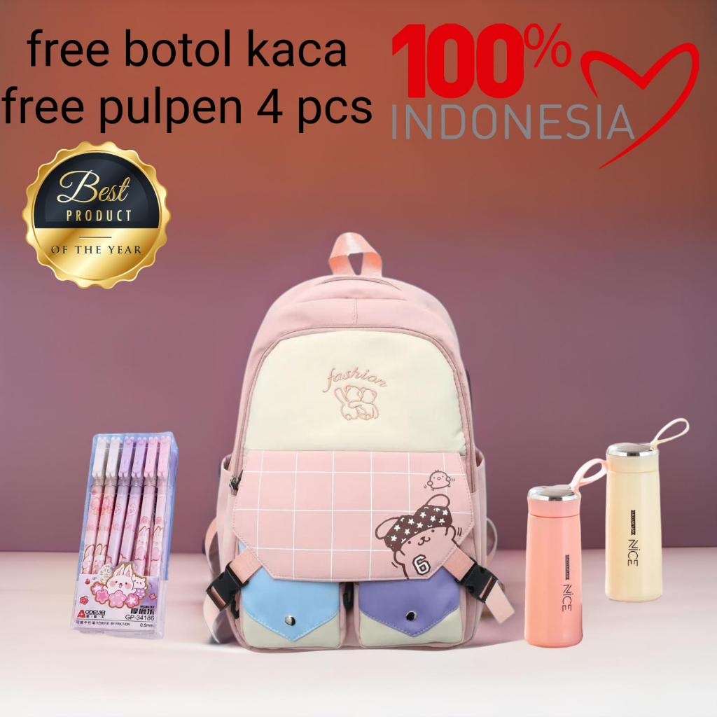 Tas Ransel Wanita Motif KUTAI Korean Style Backpack Sekolah Perempuan Stylish 2023 FREE BOTOL